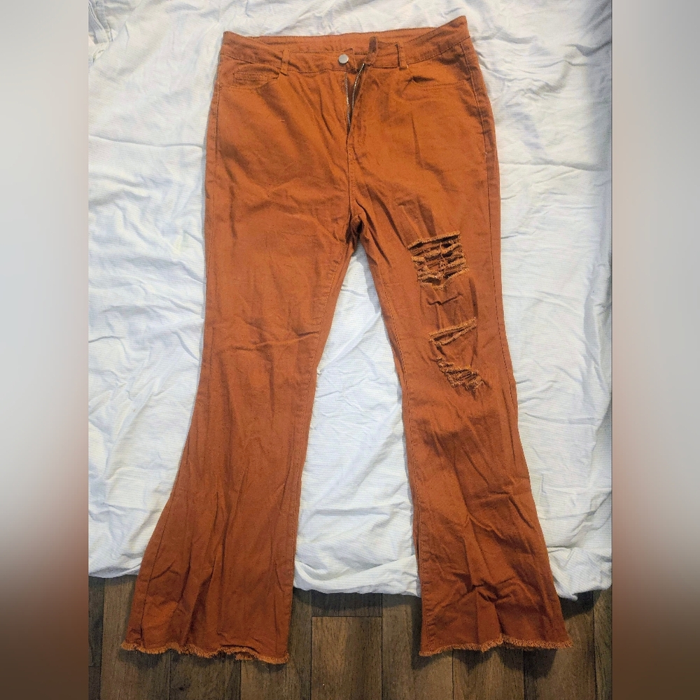 Rust Distressed Flare Jeans - Women